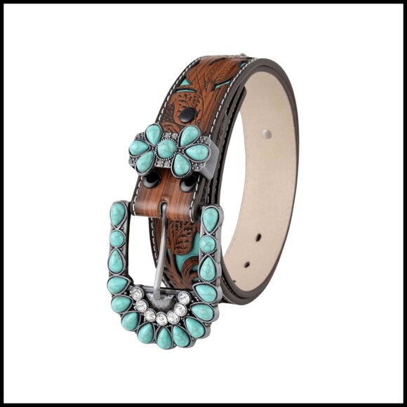 Accessories - Western Belt with Turquoise Embellishments Boho Chic Buckle Waist Accessory